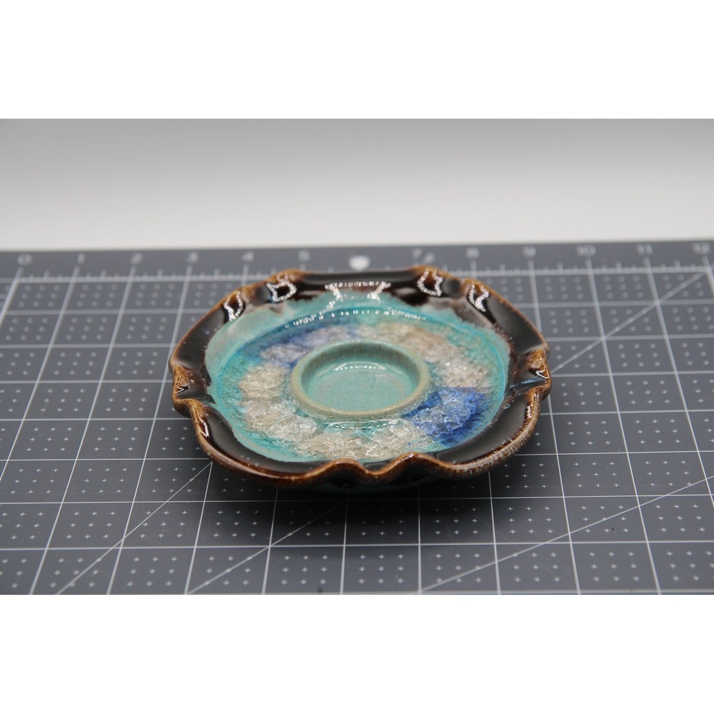 Studio Pottery Melted Glass Trinket Dish Teal Brown Ruffled Edge Candle Holder